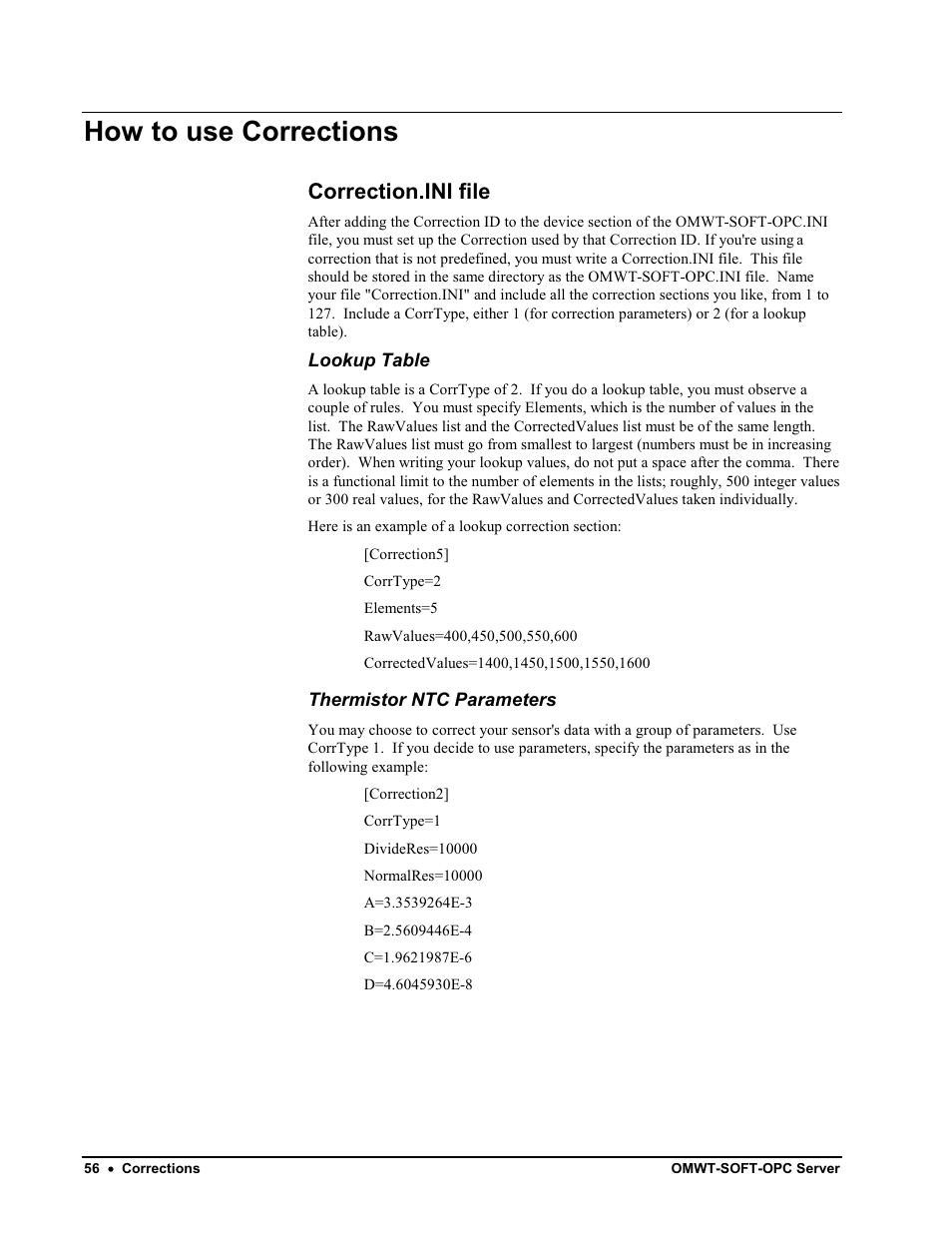 Runtime errors, Communication error: crc16 or time out, Cannot find receiver | Omwt-soft-opc server internal error, Using, How to use corrections, Correction.ini file | Omega Engineering M-4066 User Manual | Page 60 / 63