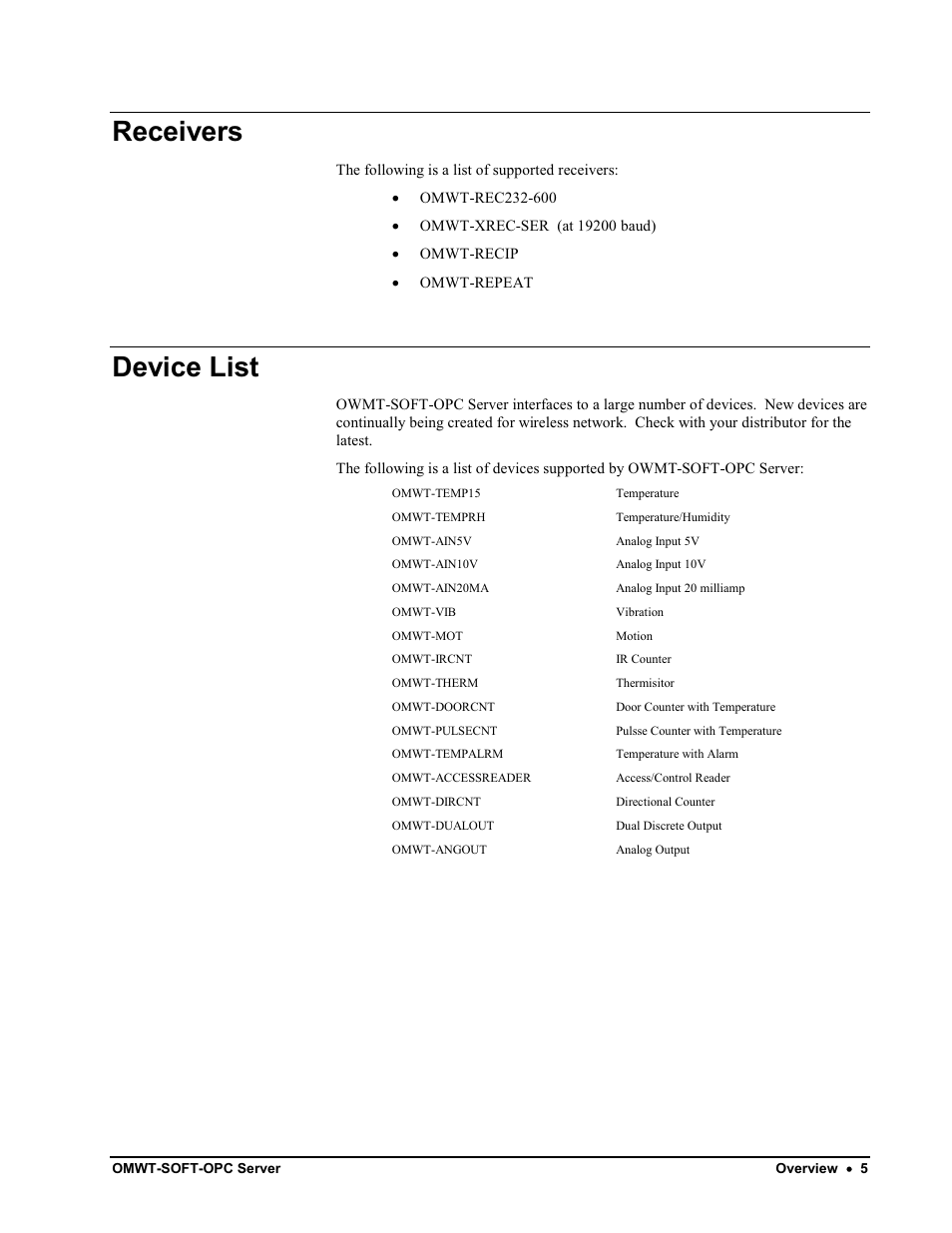 Description, Omwt-soft-opc server and wireless, Cnttemp: cnttempn | Fastcnttemp: fastcnttempn, Receivers, Device list | Omega Engineering M-4066 User Manual | Page 9 / 63