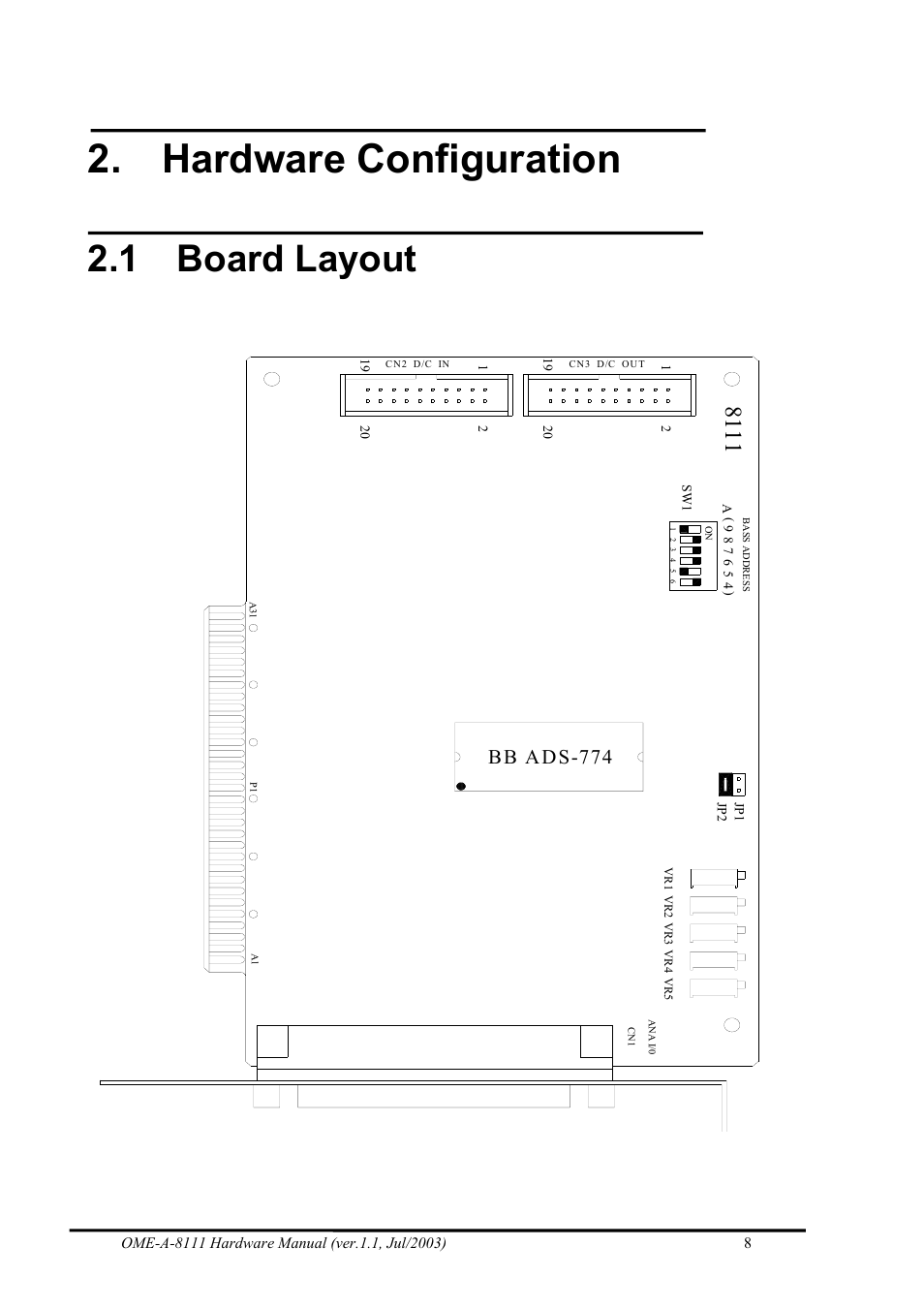 Hardware configuration, Board layout, 1 board layout | Bb ads-774 | Omega Engineering OME-A8111 User Manual | Page 10 / 34