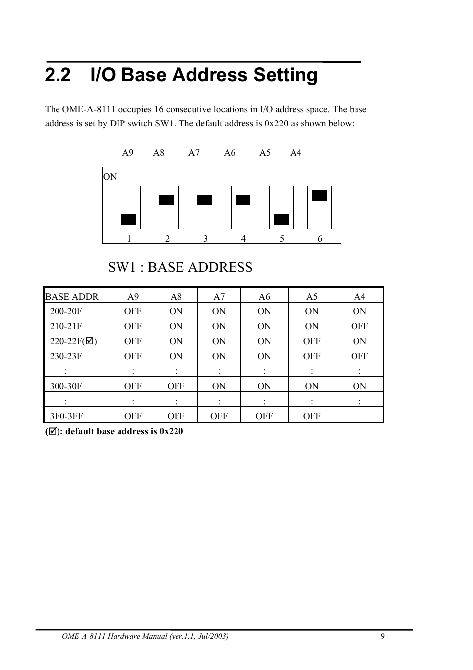 I/o base address setting, 2 i/o base address setting, Sw1 : base address | Omega Engineering OME-A8111 User Manual | Page 11 / 34