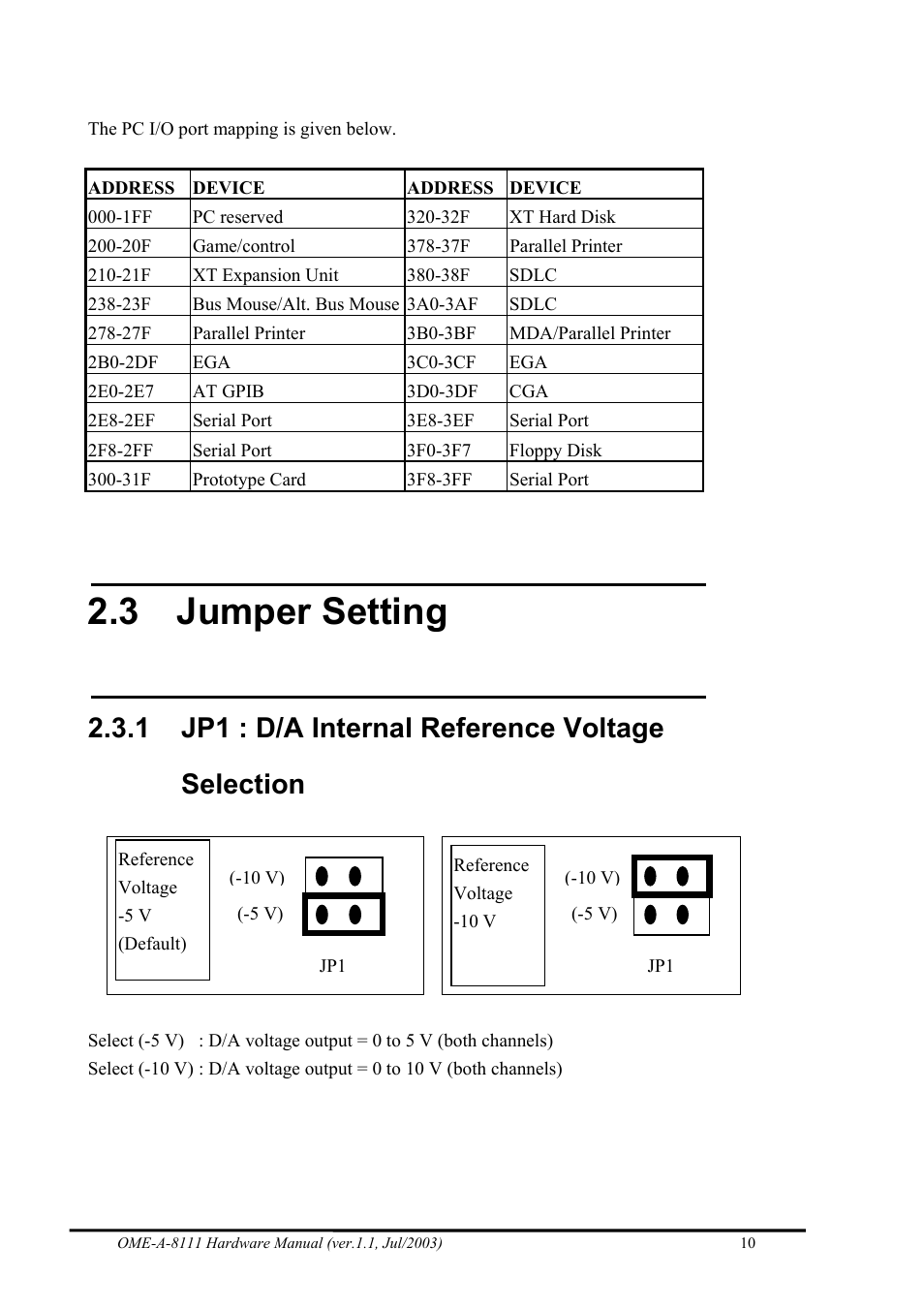 Jumper setting, Jp1 : d/a internal reference voltage selection, 3 jumper setting | 1 jp1 : d/a internal reference voltage selection | Omega Engineering OME-A8111 User Manual | Page 12 / 34