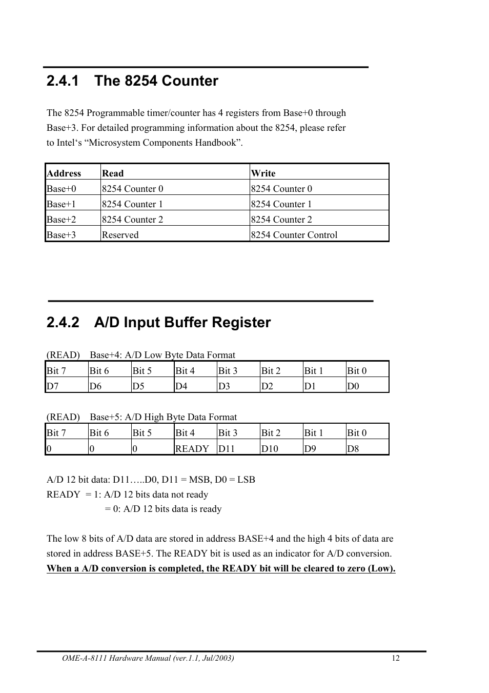 The 8254 counter, A/d input buffer register, 2 a/d input buffer register | Omega Engineering OME-A8111 User Manual | Page 14 / 34