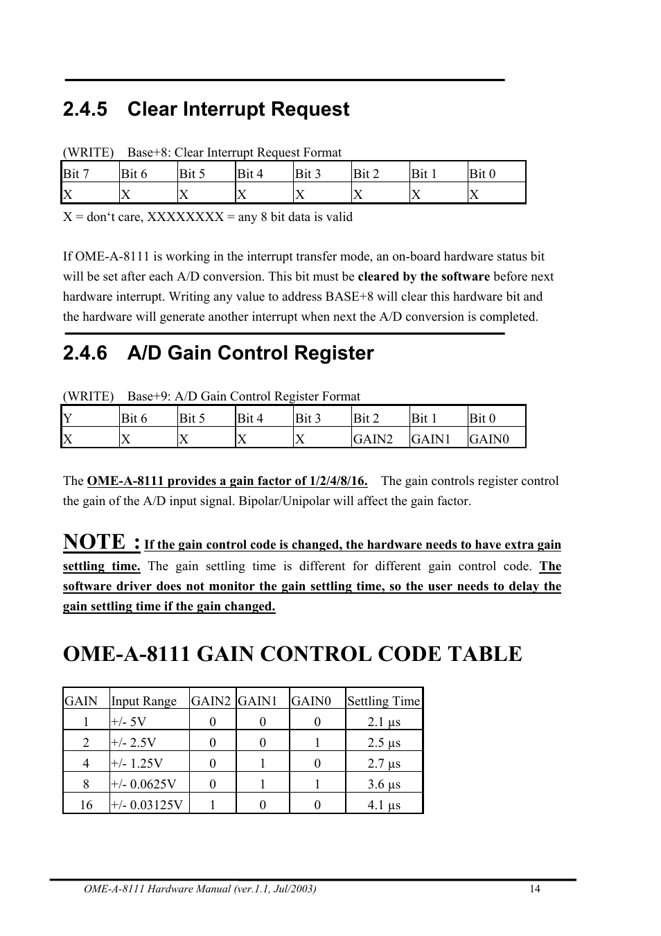 Clear interrupt request, A/d gain control register, Ome-a-8111 gain control code table | 5 clear interrupt request, 6 a/d gain control register | Omega Engineering OME-A8111 User Manual | Page 16 / 34