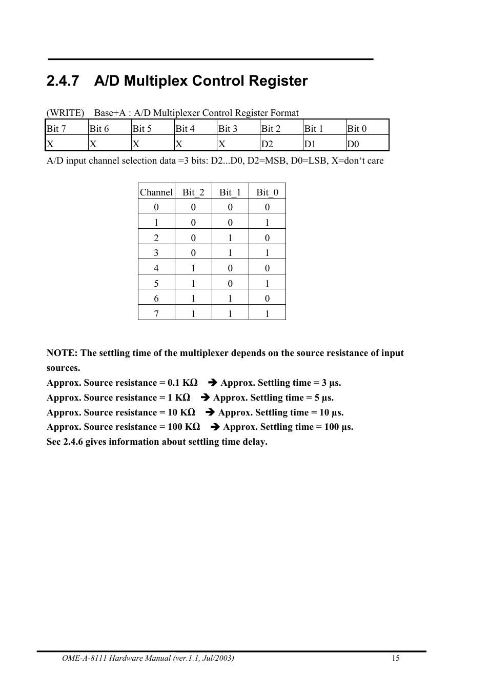 A/d multiplex control register, 7 a/d multiplex control register | Omega Engineering OME-A8111 User Manual | Page 17 / 34