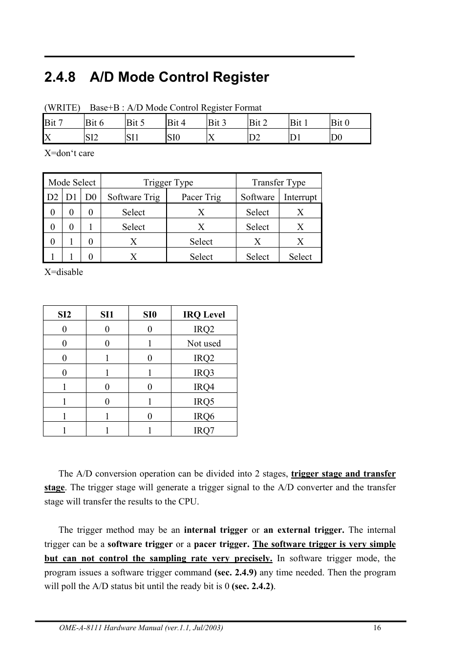 A/d mode control register, 8 a/d mode control register | Omega Engineering OME-A8111 User Manual | Page 18 / 34