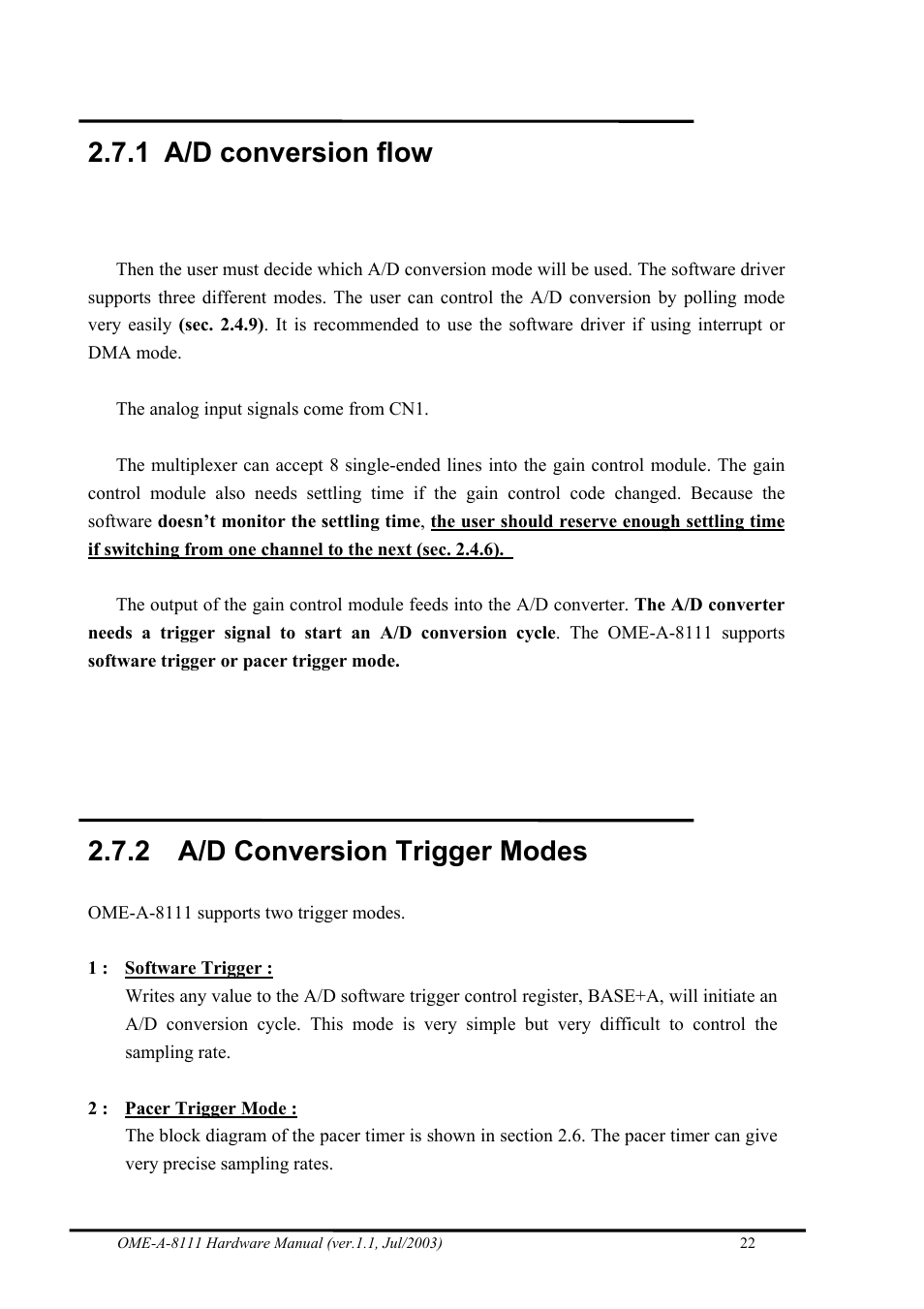 A/d conversion flow, A/d conversion trigger modes, 1 a/d conversion flow | 2 a/d conversion trigger modes | Omega Engineering OME-A8111 User Manual | Page 24 / 34