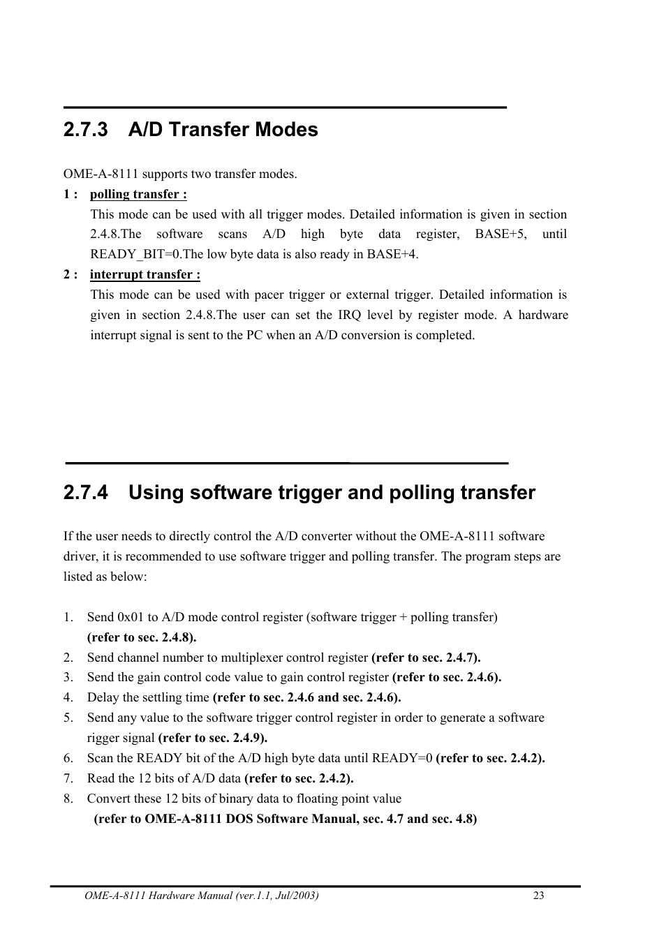 A/d transfer modes, Using software trigger and polling transfer, 3 a/d transfer modes | 4 using software trigger and polling transfer | Omega Engineering OME-A8111 User Manual | Page 25 / 34