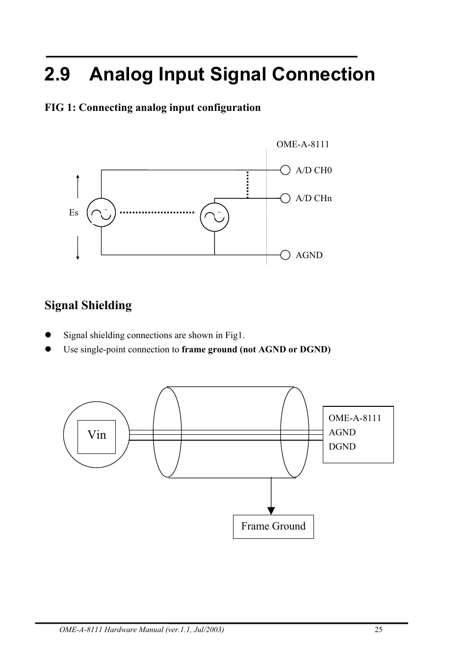 Analog input signal connection, 9 analog input signal connection, Signal shielding | Omega Engineering OME-A8111 User Manual | Page 27 / 34