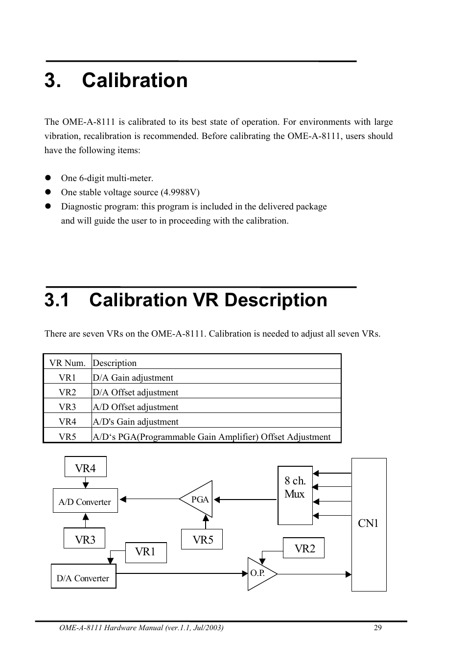 Calibration, Calibration vr description, 1 calibration vr description | Omega Engineering OME-A8111 User Manual | Page 31 / 34