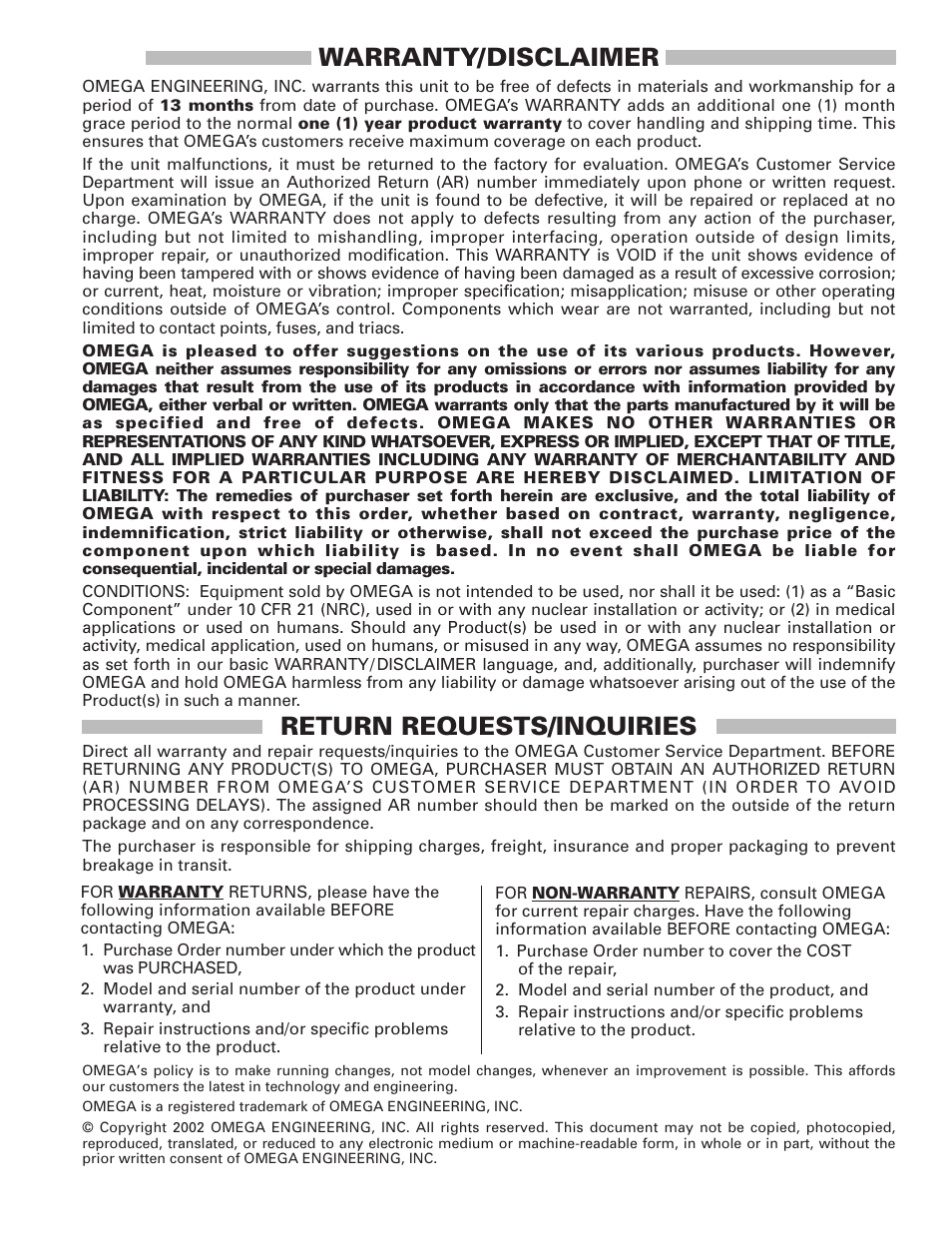 Warranty/disclaimer, Return requests/inquiries | Omega Engineering OME-A8111 User Manual | Page 33 / 34