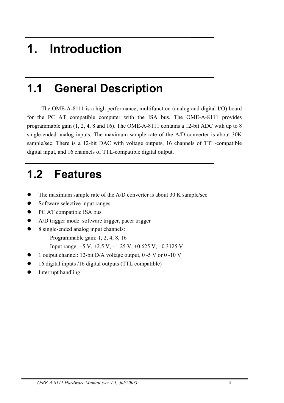 Introduction, General description, Features | 1 general description, 2 features | Omega Engineering OME-A8111 User Manual | Page 6 / 34