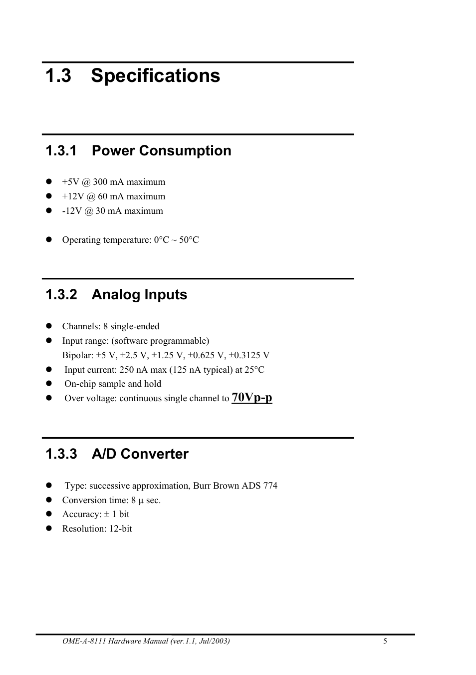 Specifications, Power consumption, Analog inputs | A/d converter, 3 specifications, 1 power consumption, 2 analog inputs, 3 a/d converter, 70vp-p | Omega Engineering OME-A8111 User Manual | Page 7 / 34