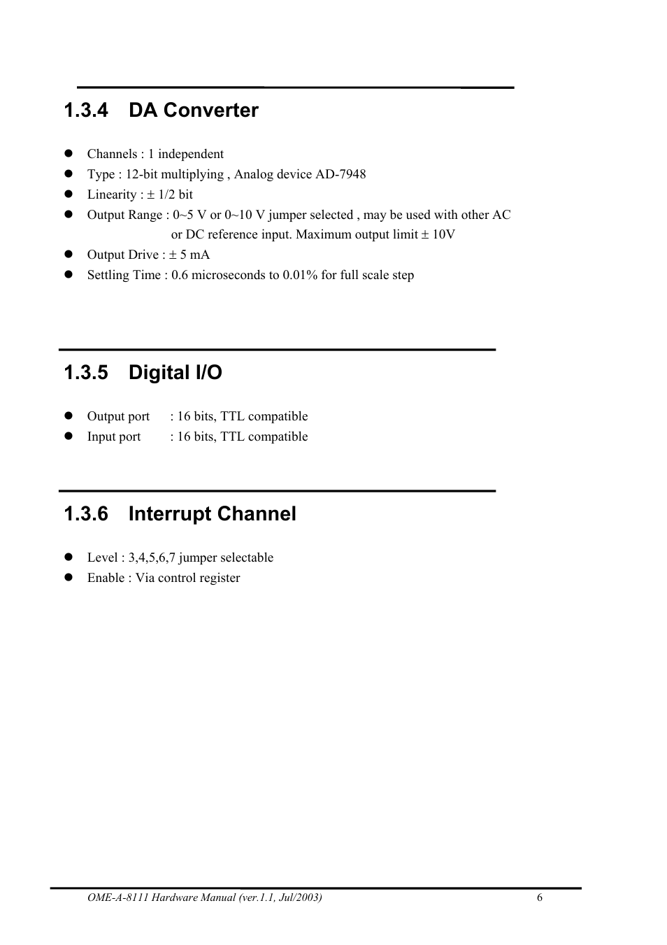 Da converter, Digital i/o, Interrupt channel | 4 da converter, 5 digital i/o, 6 interrupt channel | Omega Engineering OME-A8111 User Manual | Page 8 / 34
