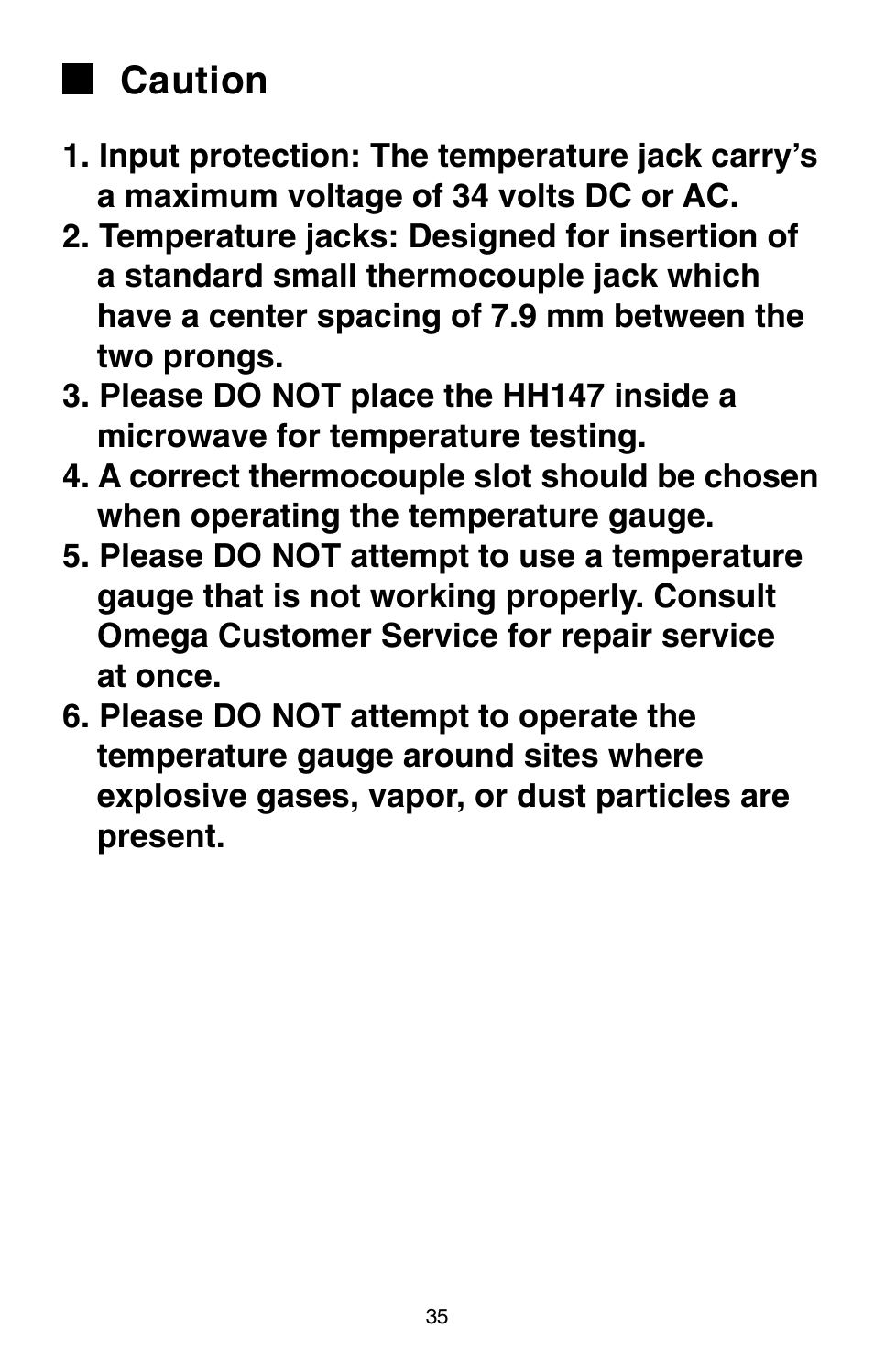 Caution | Omega Engineering HH147 User Manual | Page 38 / 40
