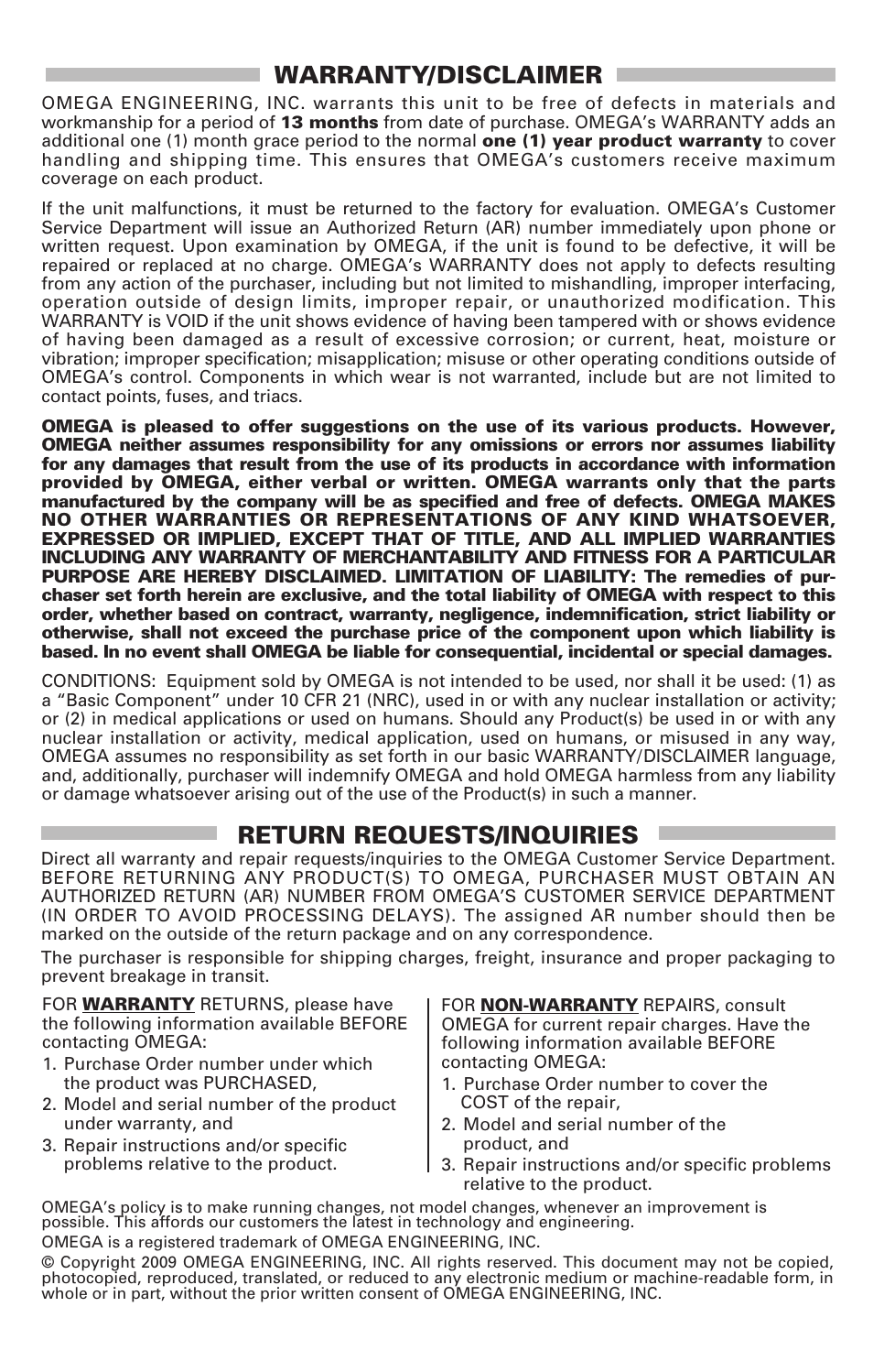 Warranty/disclaimer, Return requests/inquiries | Omega Engineering HH147 User Manual | Page 39 / 40