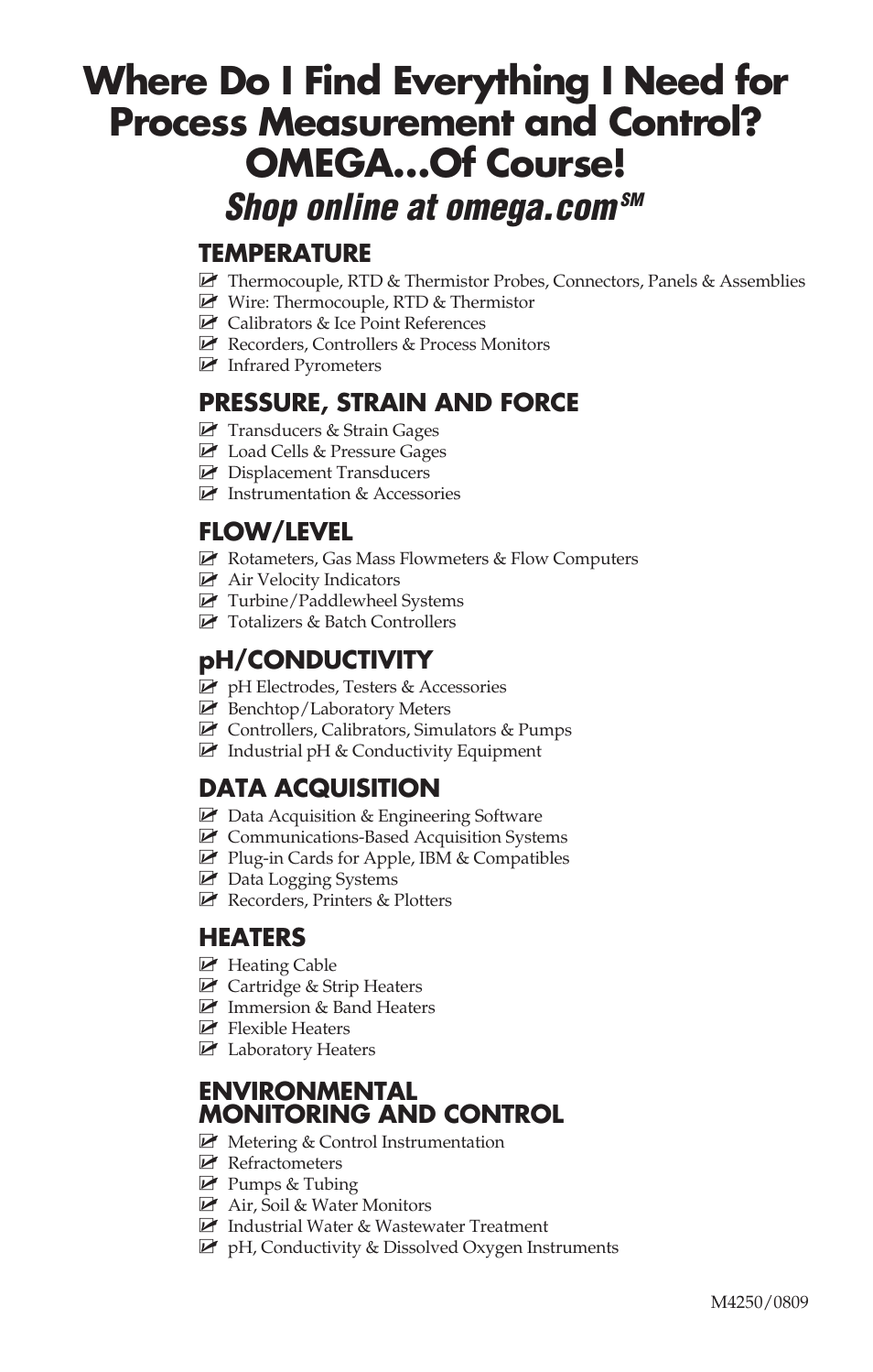 Temperature, Pressure, strain and force, Flow/level | Ph/conductivity, Data acquisition, Heaters, Environmental monitoring and control | Omega Engineering HH147 User Manual | Page 40 / 40