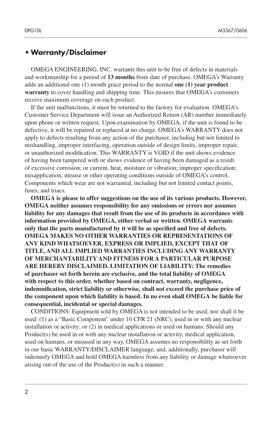 Warranty/disclaimer | Omega Engineering DPG10L User Manual | Page 4 / 12
