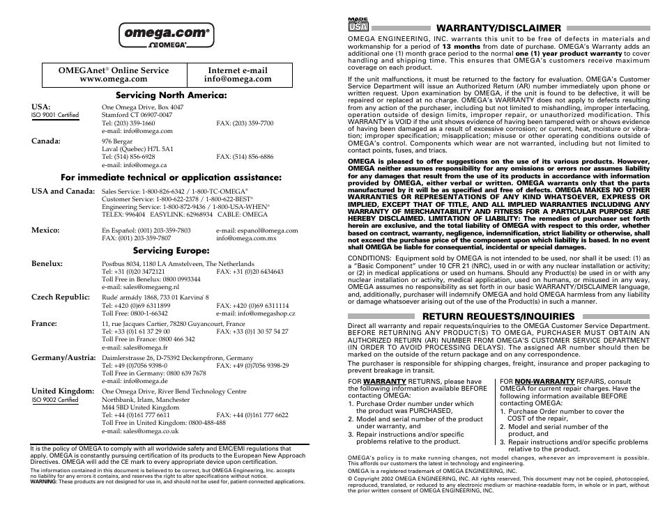 Warranty/disclaimer, Return requests/inquiries | Omega Engineering FSW-50 User Manual | Page 2 / 8