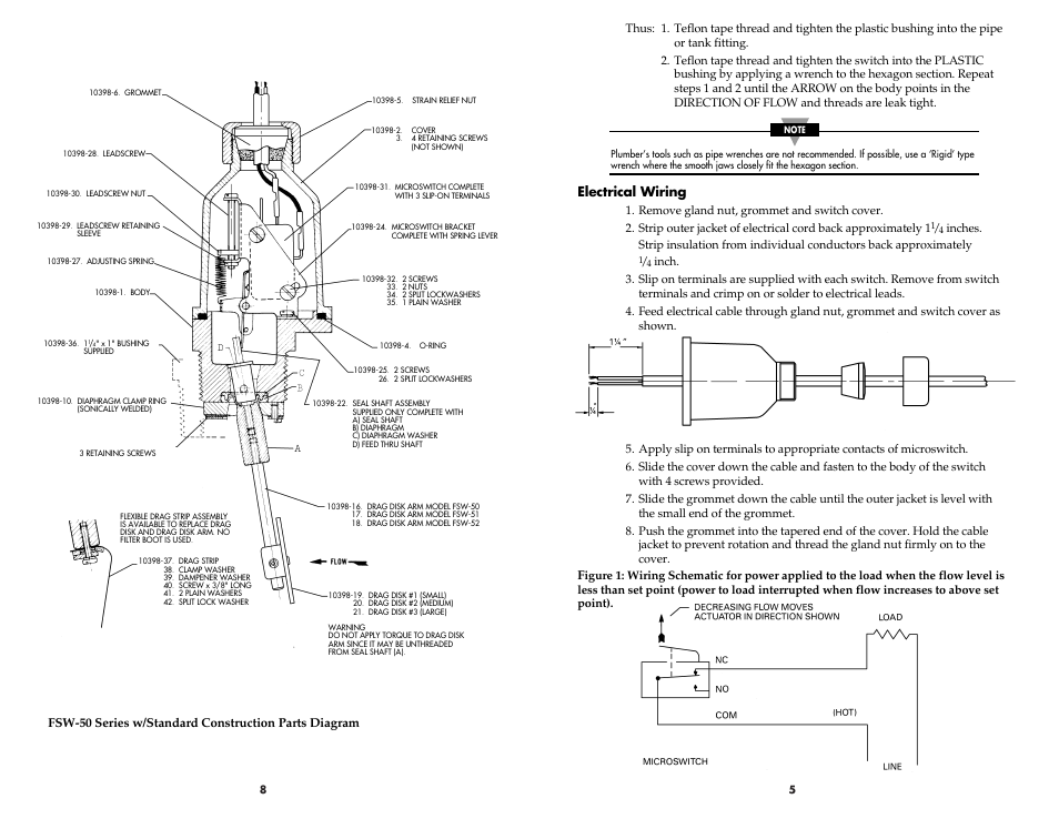 Electrical wiring | Omega Engineering FSW-50 User Manual | Page 7 / 8