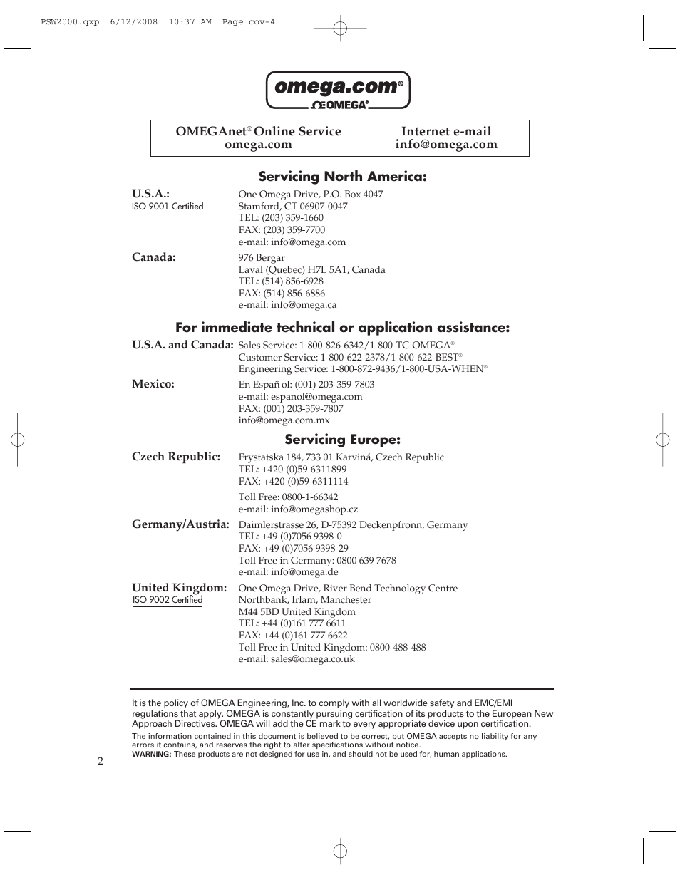 Servicing north america, For immediate technical or application assistance, Servicing europe | Omeganet | Omega Engineering PSW2000 User Manual | Page 2 / 8