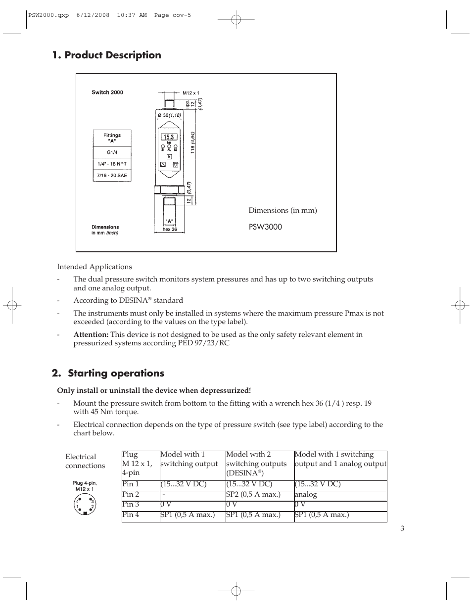 Product description 2. starting operations | Omega Engineering PSW2000 User Manual | Page 3 / 8