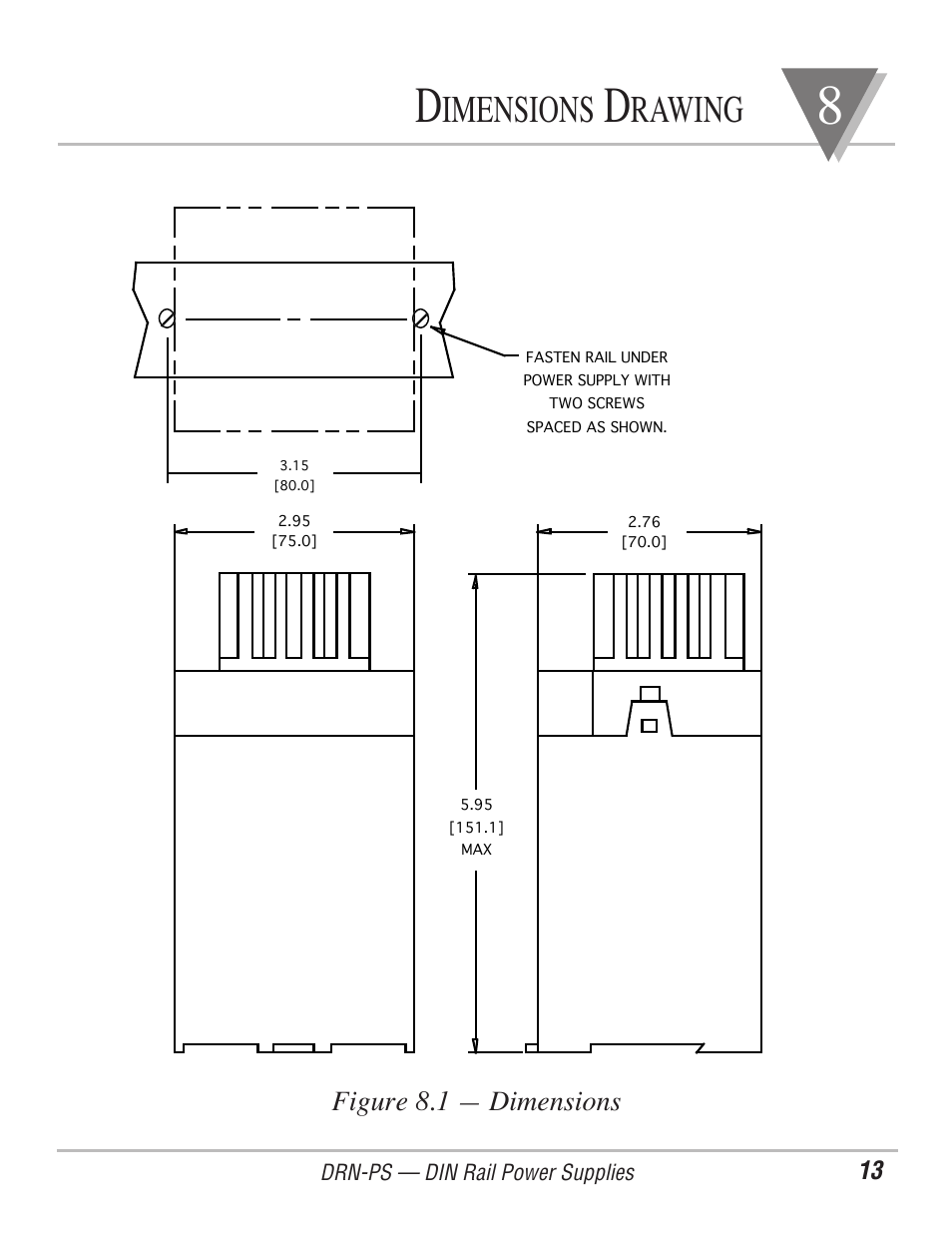 Imensions, Rawing, Figure 8.1 ñ dimensions | Omega Engineering DIN-RAIL DRN-PS-750 User Manual | Page 15 / 18