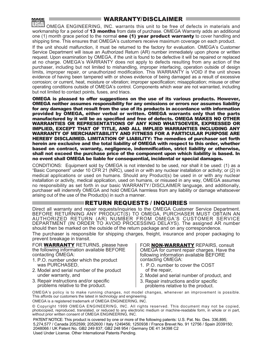 Warranty/disclaimer, Return requests / inquiries | Omega Engineering DIN-RAIL DRN-PS-750 User Manual | Page 17 / 18