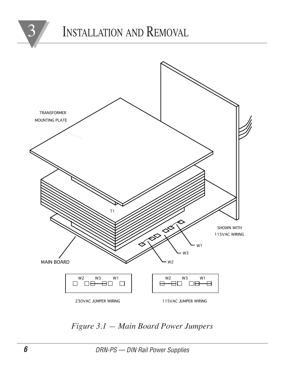 Nstallation and, Emoval, Figure 3.1 ñ main board power jumpers | Omega Engineering DIN-RAIL DRN-PS-750 User Manual | Page 8 / 18