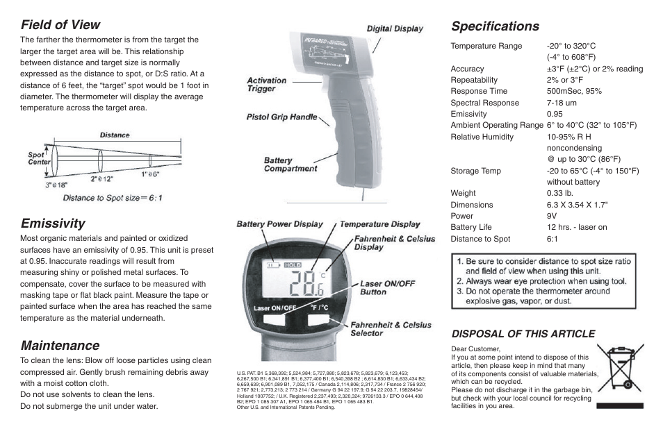 Field of view, Specifications, Emissivity | Maintenance, Disposal of this article | Omega Engineering OSXL450 User Manual | Page 3 / 4