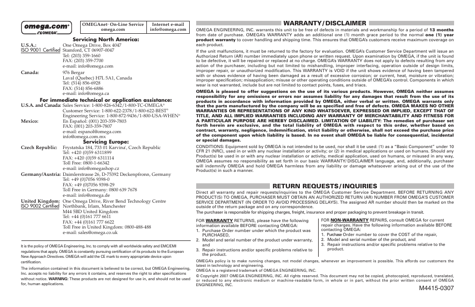 Warranty / disclaimer, Return requests / inquiries | Omega Engineering OSXL450 User Manual | Page 4 / 4