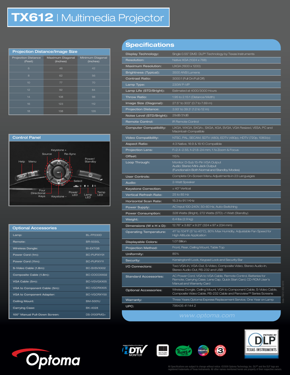 Tx612, Multimedia projector | Optoma TX612 User Manual | Page 2 / 2