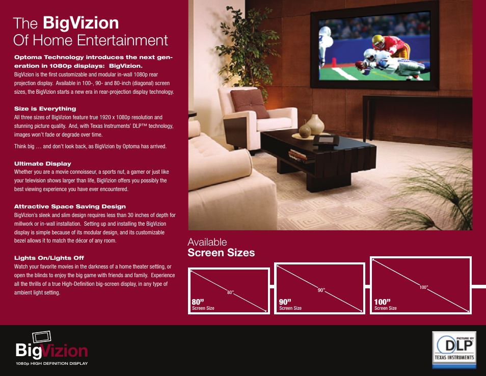Vizion, Bigvizion, Of home entertainment | An architect’s dream, Screen sizes, Available, Home entertainment | Optoma BigVizion HDBV3100 User Manual | Page 2 / 4