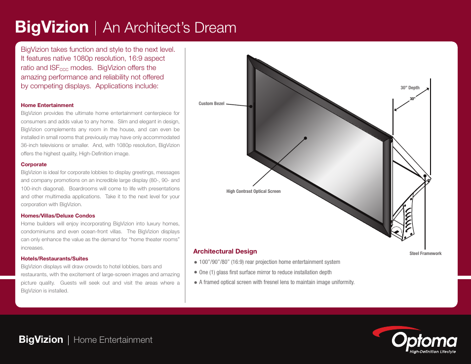 Vizion, Bigvizion, Of home entertainment | An architect’s dream, Screen sizes, Available, Home entertainment | Optoma BigVizion HDBV3100 User Manual | Page 3 / 4