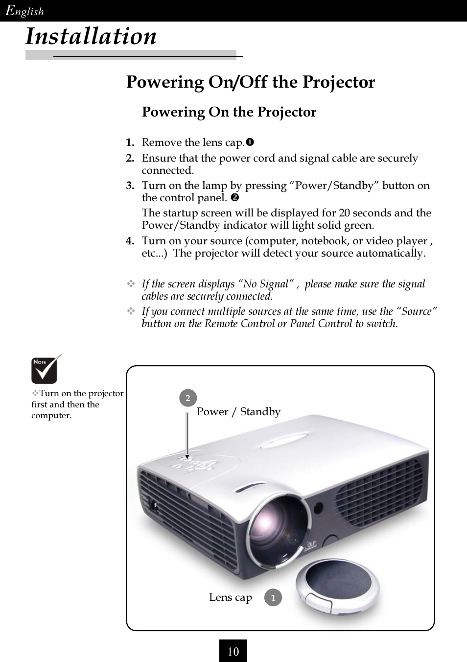 Installation, Powering on/off the projector, Powering on the projector | Optoma Single Chip DLP Projector User Manual | Page 10 / 32