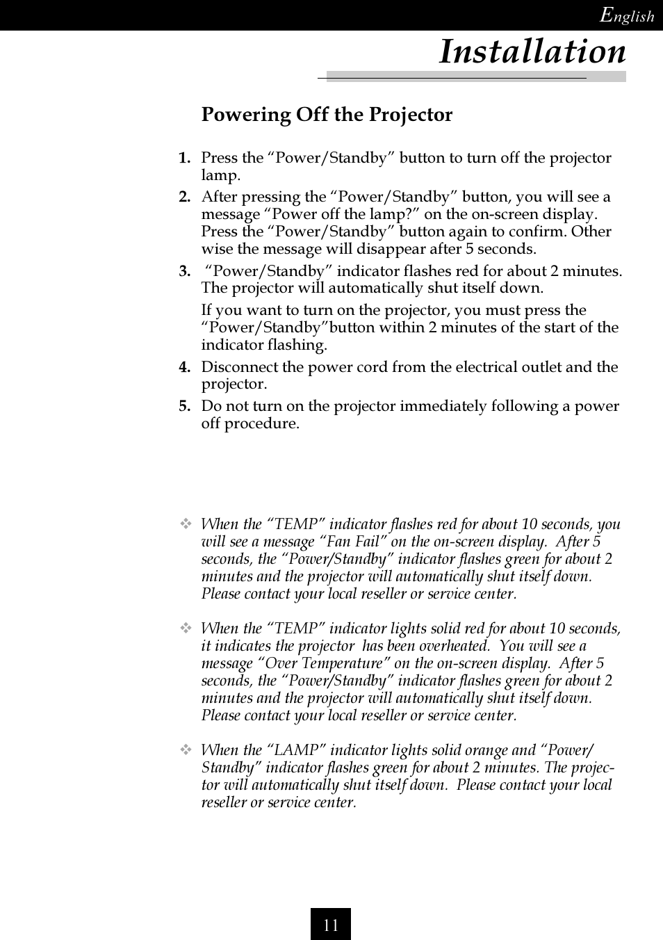 Installation, Powering off the projector | Optoma Single Chip DLP Projector User Manual | Page 11 / 32