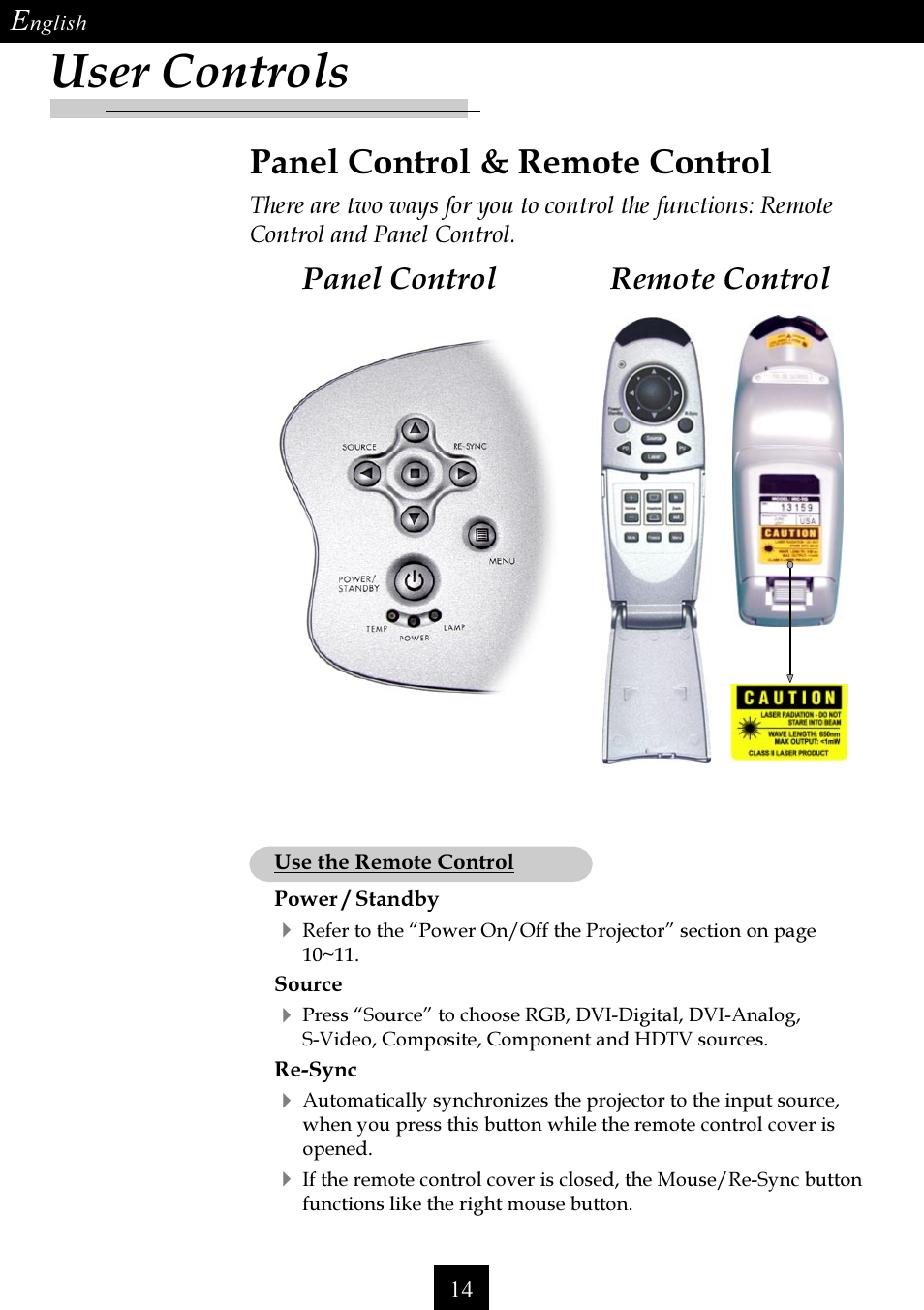 User controls, Panel control & remote control, Remote control panel control | Optoma Single Chip DLP Projector User Manual | Page 14 / 32