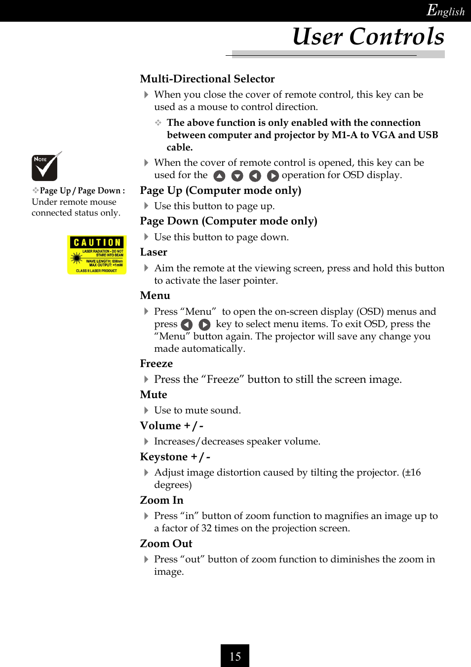 User controls | Optoma Single Chip DLP Projector User Manual | Page 15 / 32