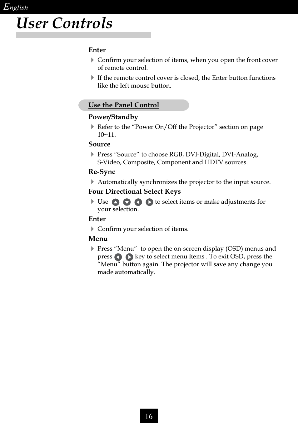User controls | Optoma Single Chip DLP Projector User Manual | Page 16 / 32