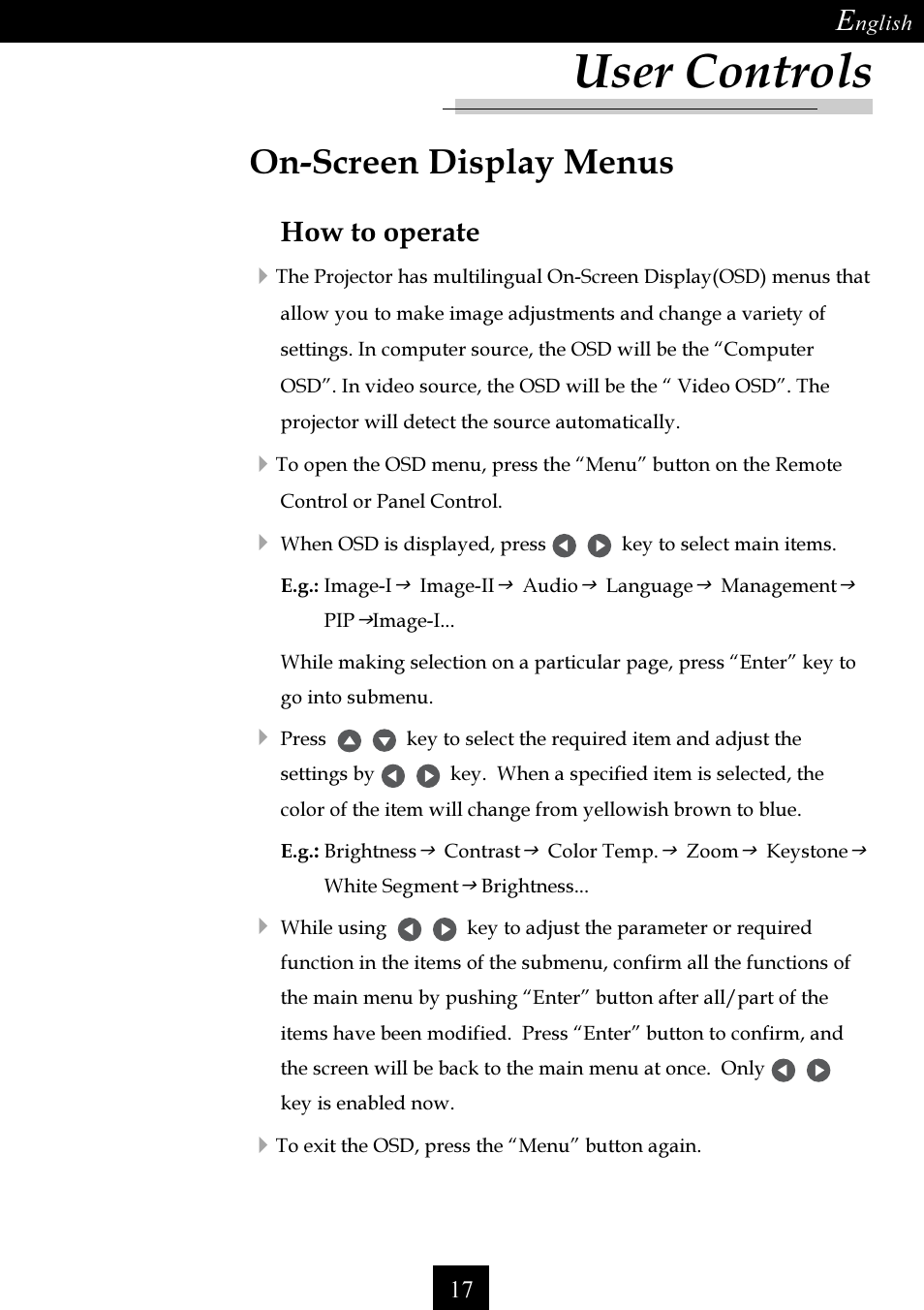 User controls, On-screen display menus, How to operate | Optoma Single Chip DLP Projector User Manual | Page 17 / 32