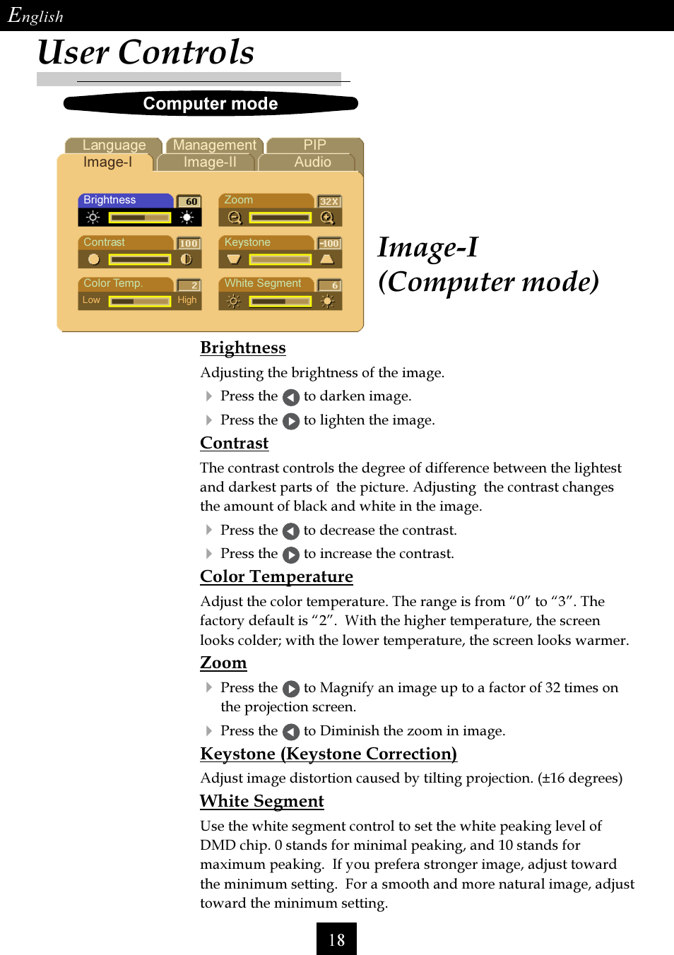 User controls, Image-i (computer mode) | Optoma Single Chip DLP Projector User Manual | Page 18 / 32