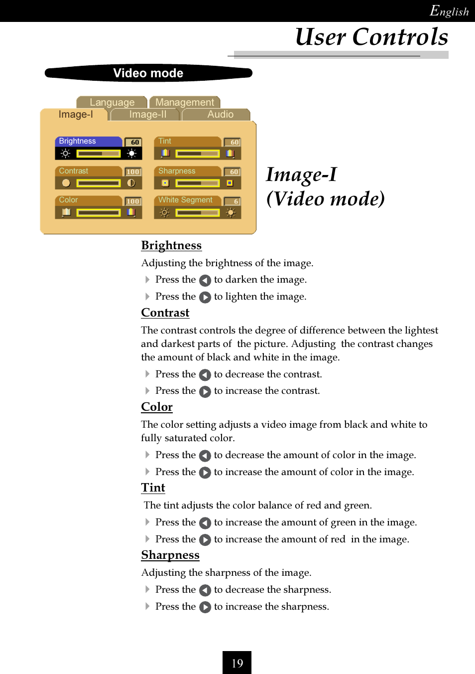 User controls, Image-i (video mode) | Optoma Single Chip DLP Projector User Manual | Page 19 / 32