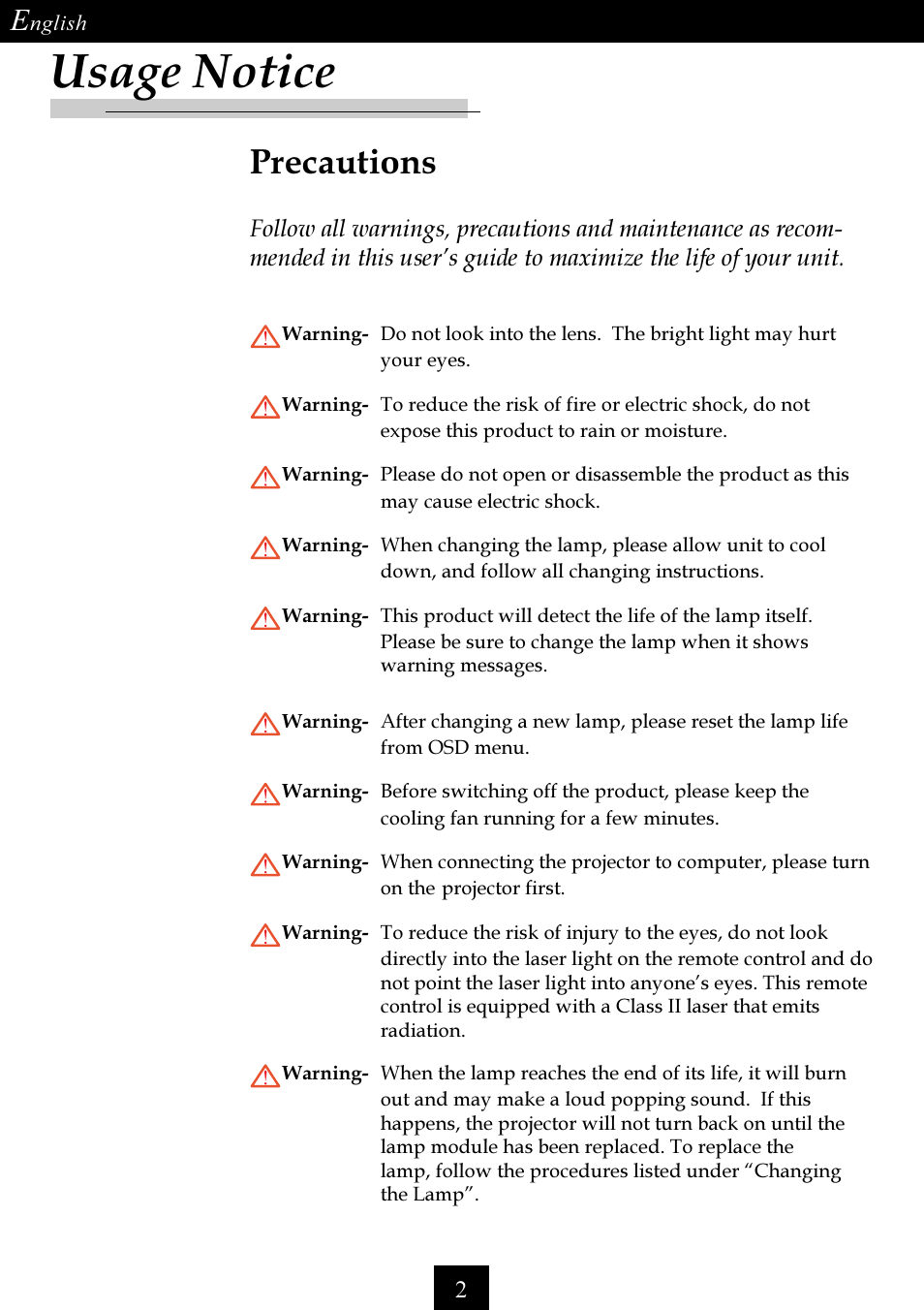 Usage notice, Precautions | Optoma Single Chip DLP Projector User Manual | Page 2 / 32