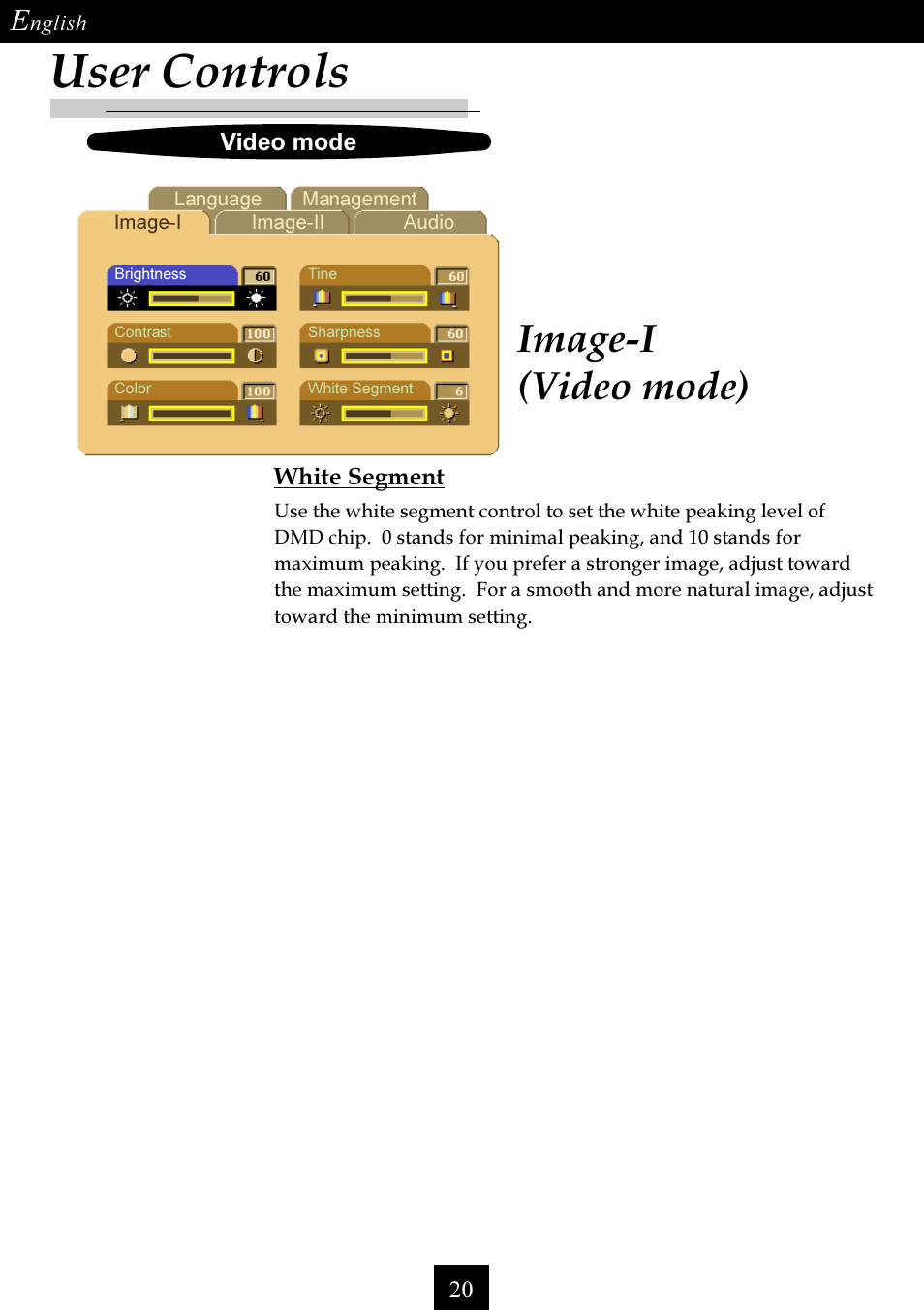 User controls, Image-i (video mode) | Optoma Single Chip DLP Projector User Manual | Page 20 / 32