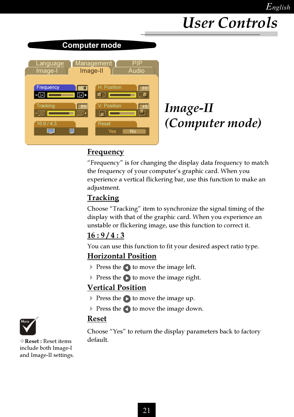 User controls, Image-ii (computer mode) | Optoma Single Chip DLP Projector User Manual | Page 21 / 32