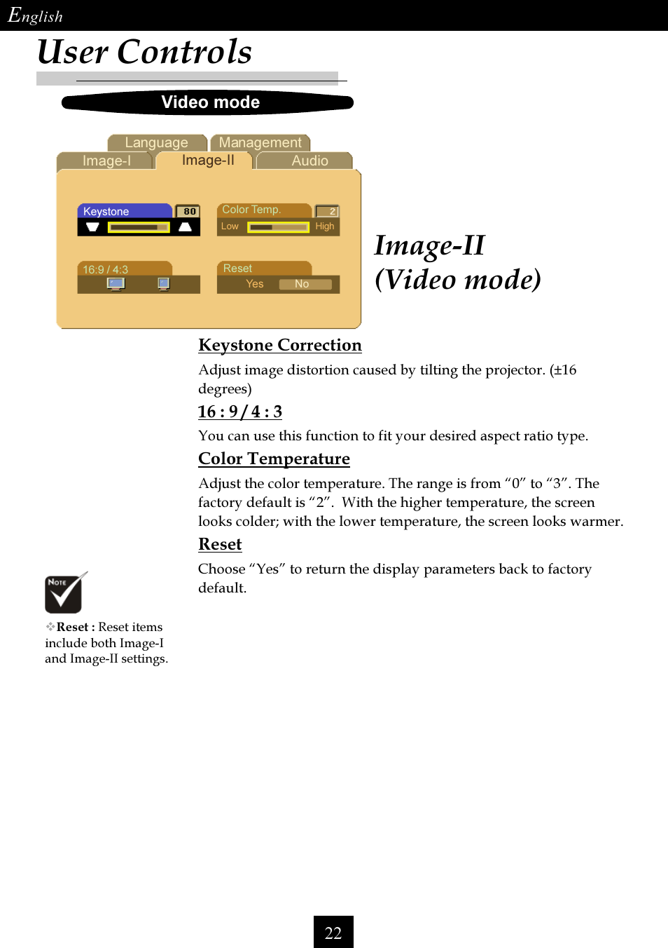 User controls, Image-ii (video mode) | Optoma Single Chip DLP Projector User Manual | Page 22 / 32