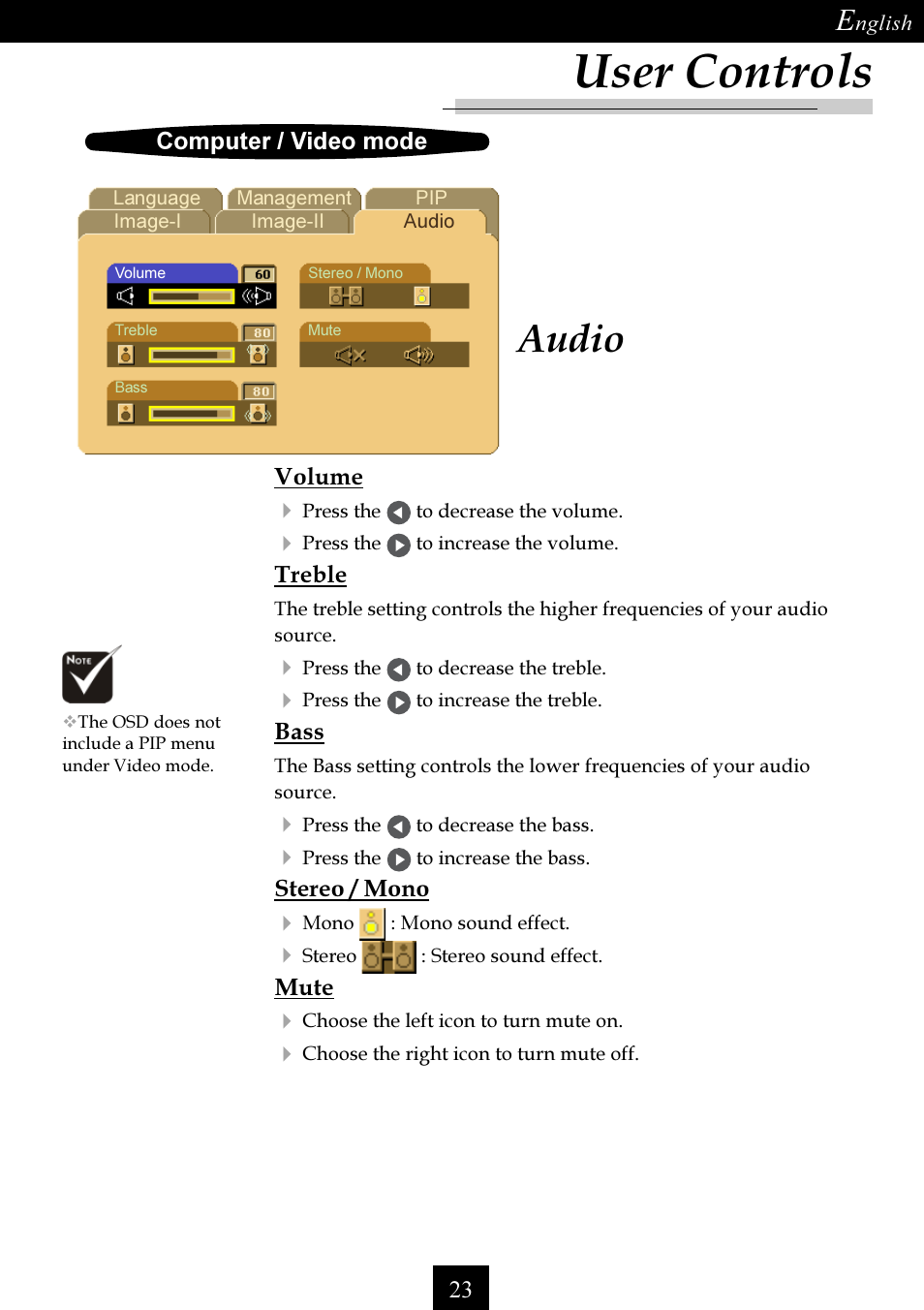 User controls, Audio | Optoma Single Chip DLP Projector User Manual | Page 23 / 32