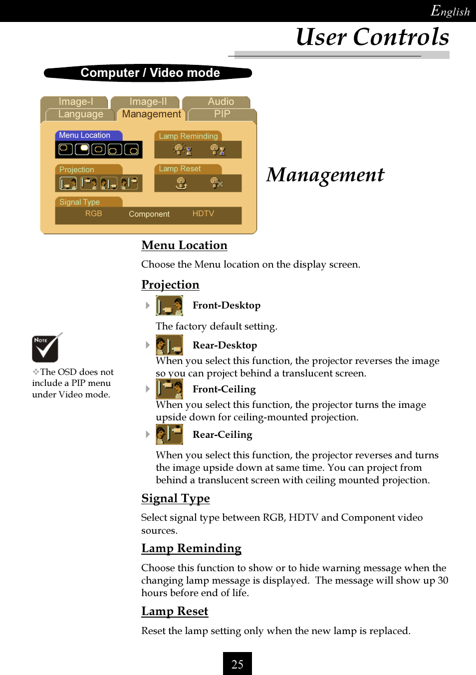 User controls, Management | Optoma Single Chip DLP Projector User Manual | Page 25 / 32