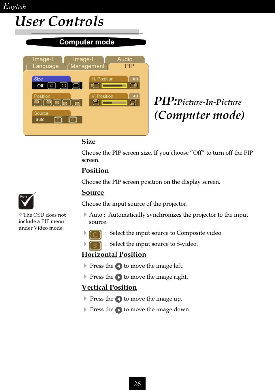 User controls, Computer mode), Picture-in-picture | Optoma Single Chip DLP Projector User Manual | Page 26 / 32