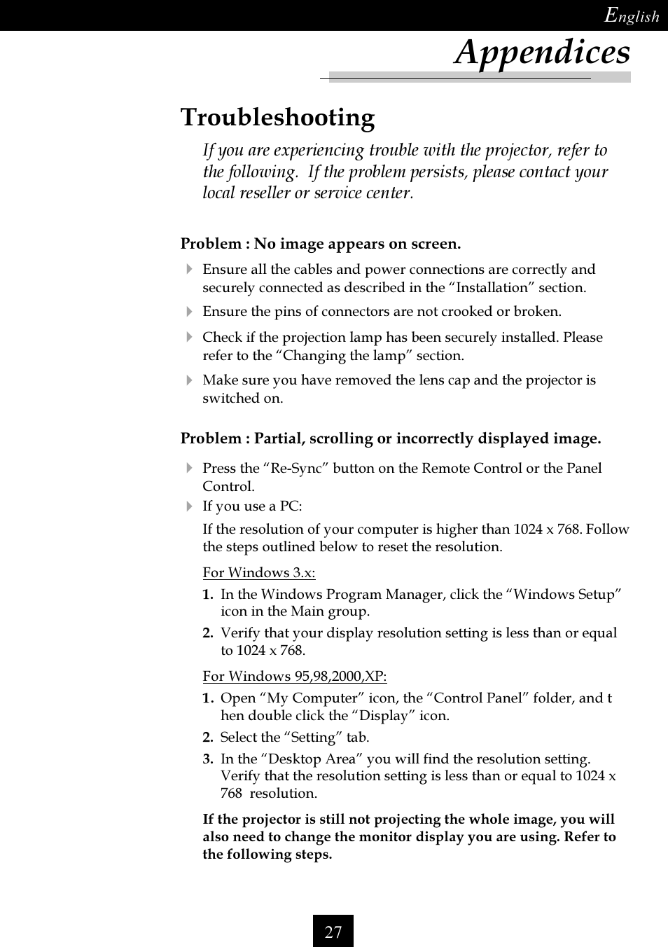 Appendices, Troubleshooting | Optoma Single Chip DLP Projector User Manual | Page 27 / 32