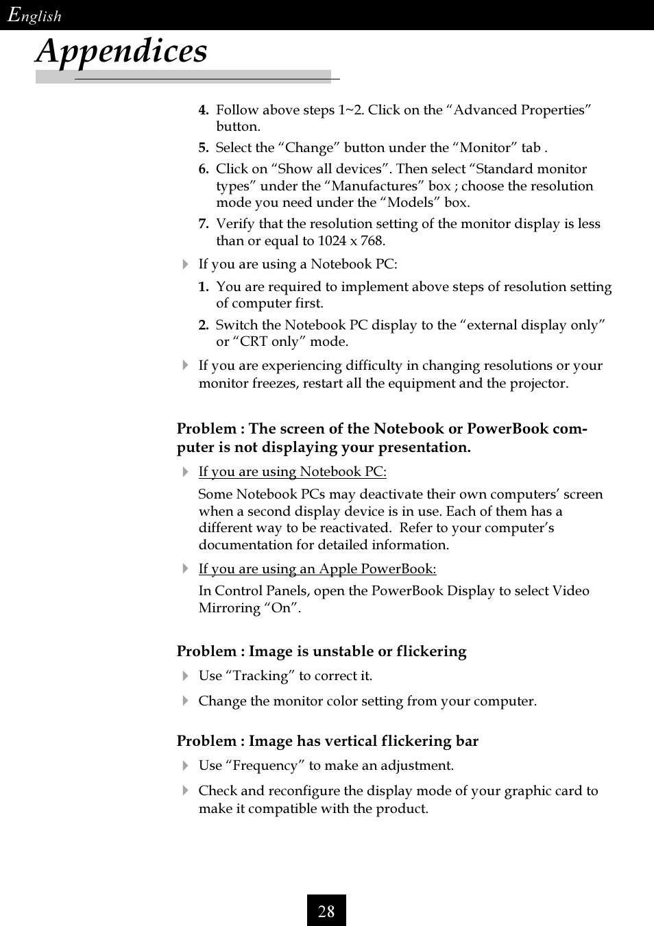 Appendices | Optoma Single Chip DLP Projector User Manual | Page 28 / 32